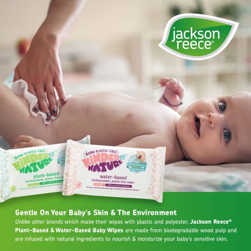 A baby using Kinder By Nature Plant Based Baby Wipes.