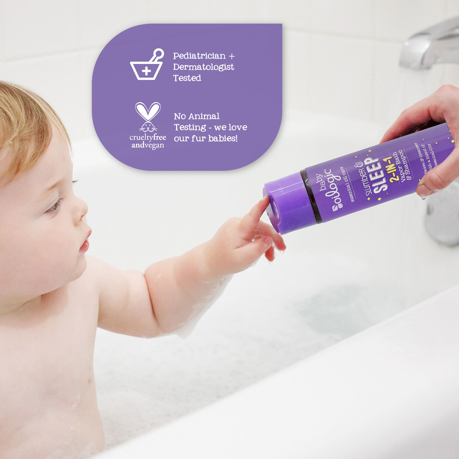 Baby with the Oilogic Slumber & Sleep 2-in-1 Essential Oil Vapor Bath & Shampoo.